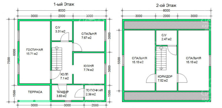 планировка каркасного дома 8x7,5 Жадеит