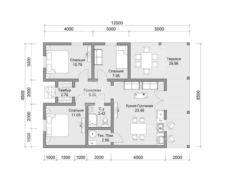 планировка каркасного дома 12x8,5