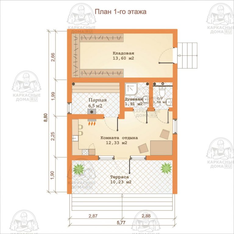 планировка каркасной бани 9x6