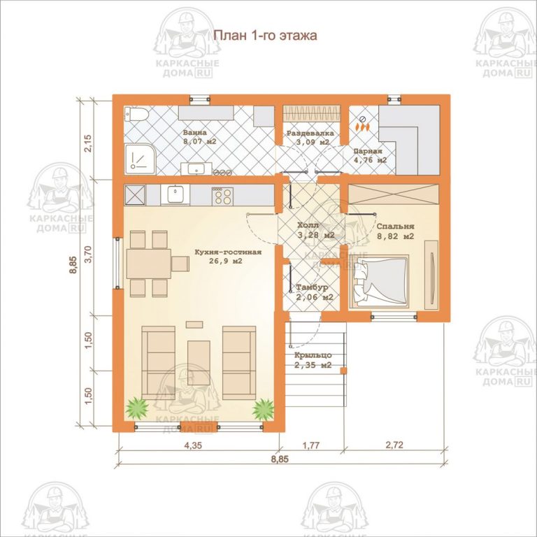 планировка каркасного дома 9x9
