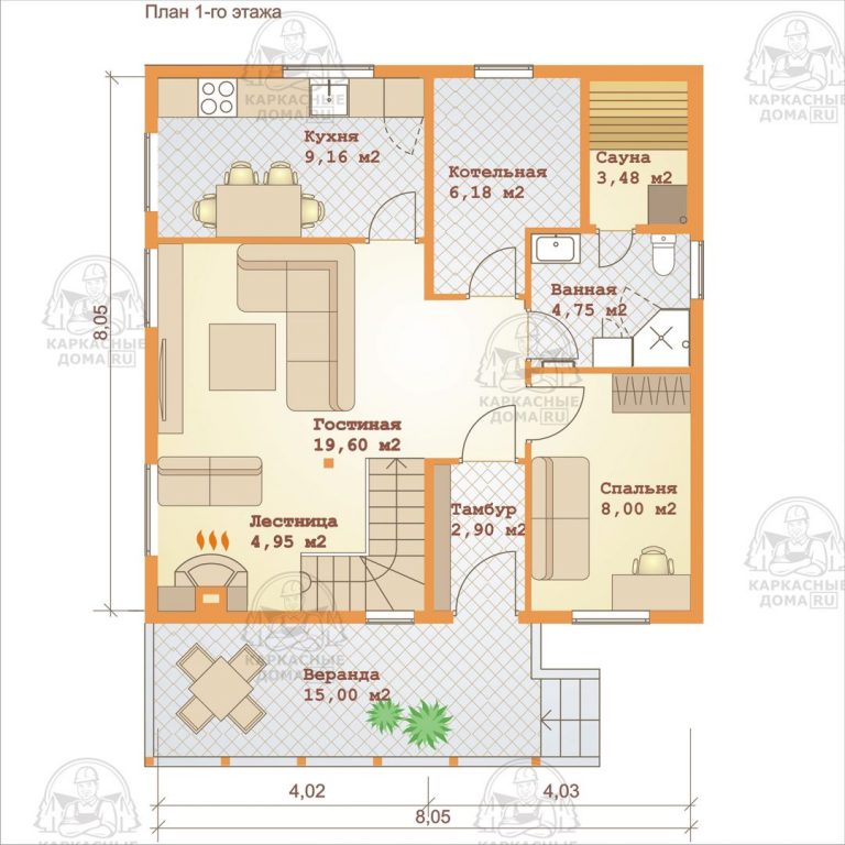 каркасный дом 8x8 Кордиерит планировка 